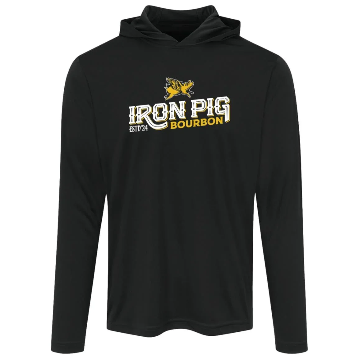 Iron Pig Bourbon Black Hooded Tee, a lightweight black hooded tee with the white and gold ESTD '24 logo and flying pig