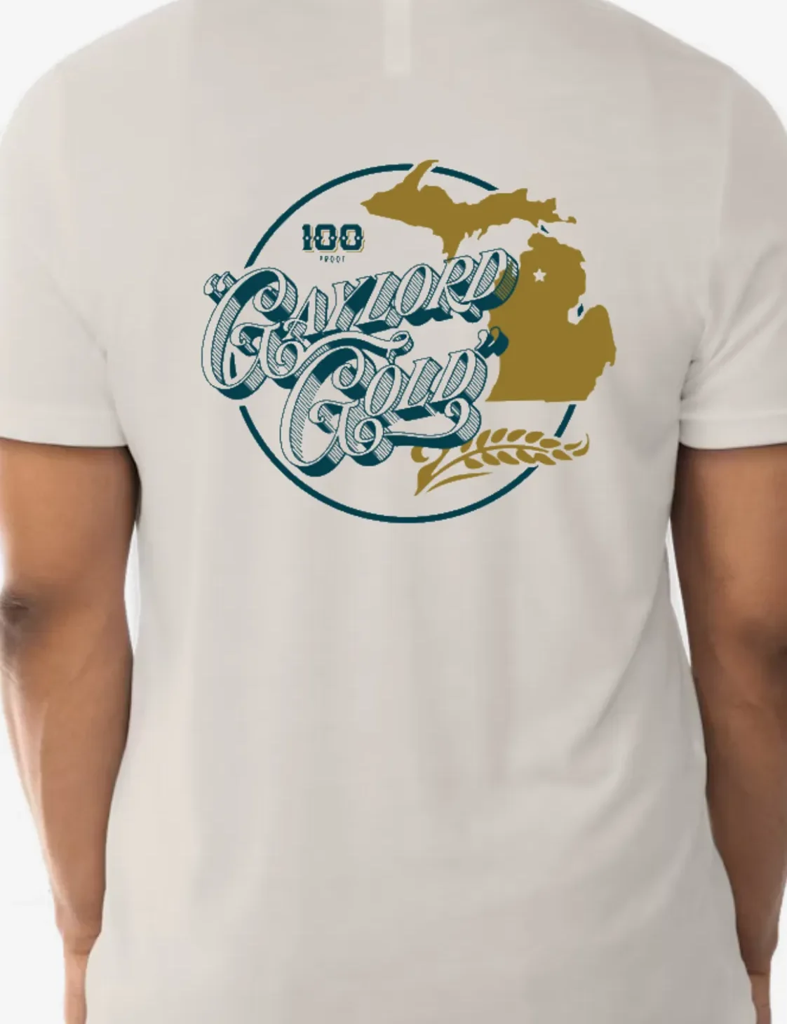Iron Pig Bourbon Gaylord Gold Tee, back of a cream T-shirt with a Gaylord Gold script logo over a gold Michigan map and wheat