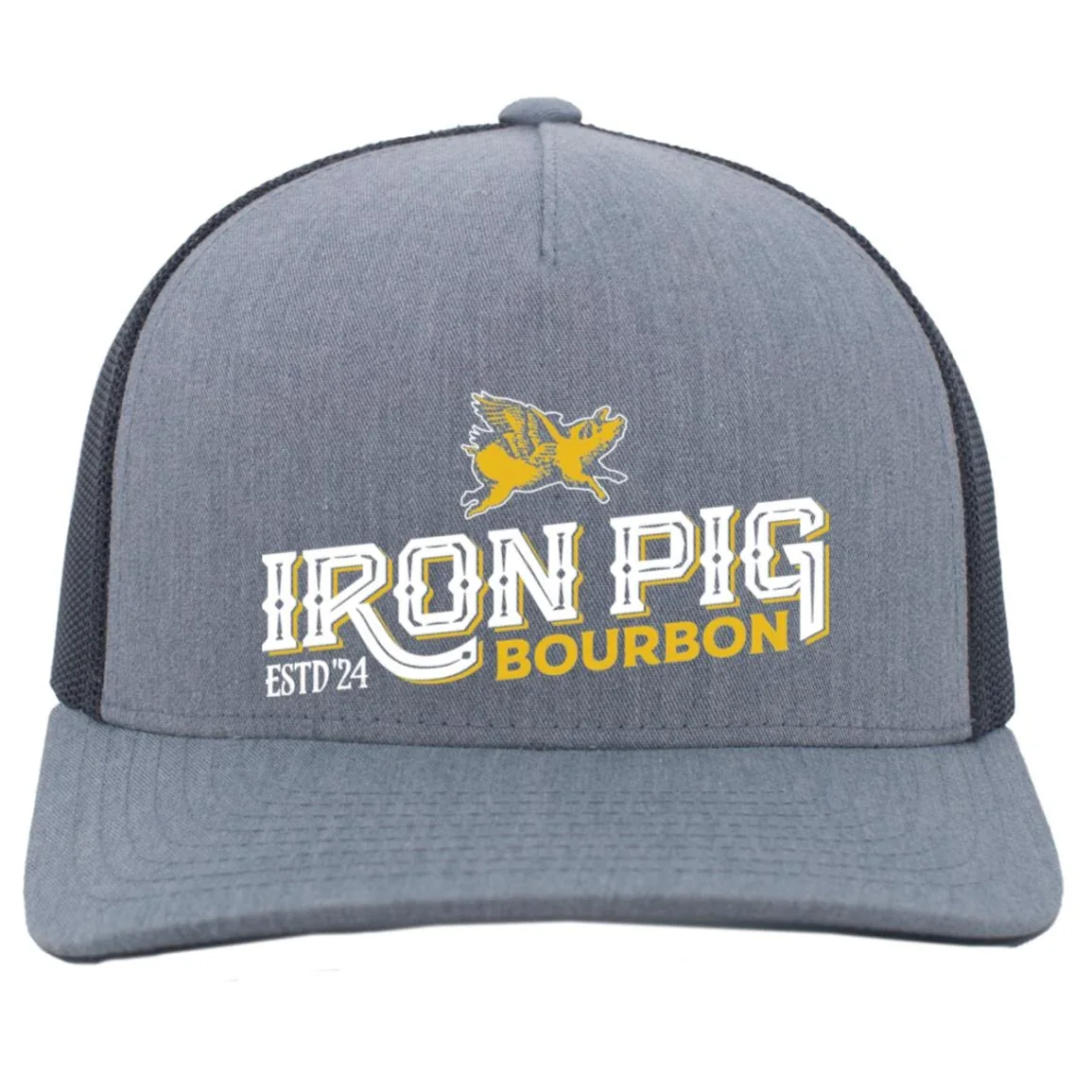 Iron Pig Bourbon Heather Grey Trucker Cap with the white and gold ESTD '24 logo
