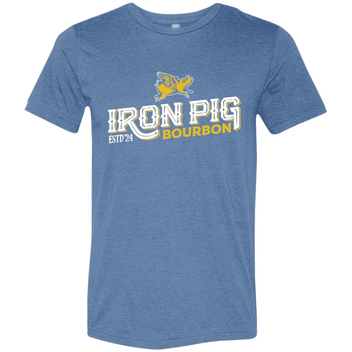 Iron Pig Bourbon Heather Blue Tee with the white and gold ESTD '24 logo and flying pig