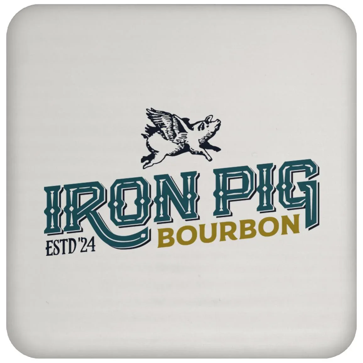 Iron Pig Bourbon Coaster, a square cream coaster with the teal and gold ESTD '24 logo and flying pig